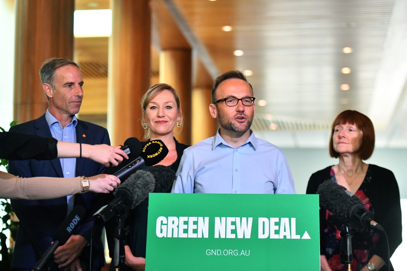 Greens Senators Nick McKim, Larissa Waters, Greens Member for Melbourne and new Greens leader Adam Bandt and Rachel Siewert speak to the media at a press conference at Parliament House in Canberra, Tuesday, February 4, 2020. (Photo: AAP Image/Mick Tsikas)