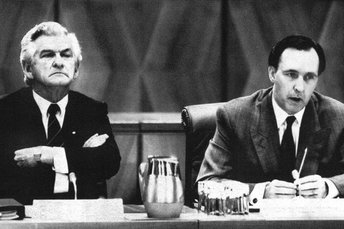 Bob Hawke and Paul Keating during the Premiers conference, May 1991. (Photo: Peter Morris) 