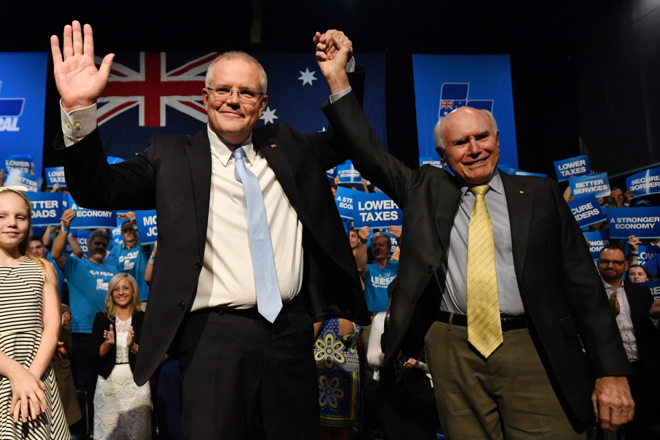 Prime Minister Scott Morrison, pictured with John Howard after his 2019 election win. (Photo: AAP Image/Mick Tsikas) 