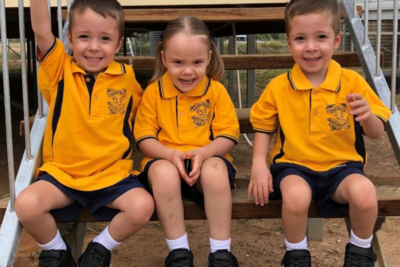 The Dunn triplets are all ready to start kindergarten today in the small border town of Urandangi. (Photo: Supplied: Leigh Dunn)
