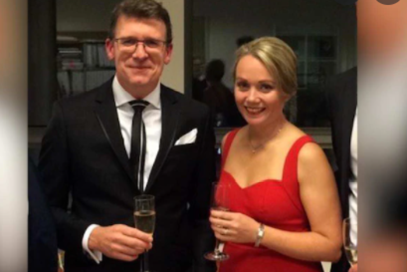 Minister Alan Tudge with former and one-time lover Rachelle Miller at a Parliament House function. Miller alleges she suffered mental and physical abuse during their year-long affair. (ABC image).