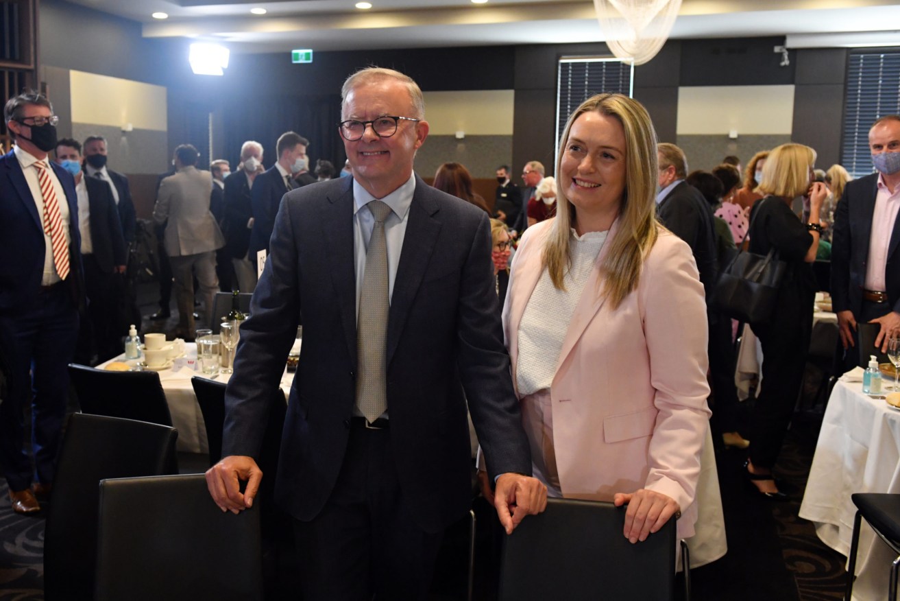 Leader of the Opposition Anthony Albanese and partner Jodie Haydon at the National Press Club in Canberra, Tuesday, January 25, 2022. (AAP Image/Mick Tsikas) NO ARCHIVING