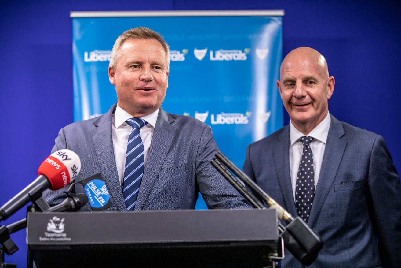 Jeremy Rockliff (left) will replace Peter Gutwein as Tasmania's premier.(AAP Image/Eddie Safarik)