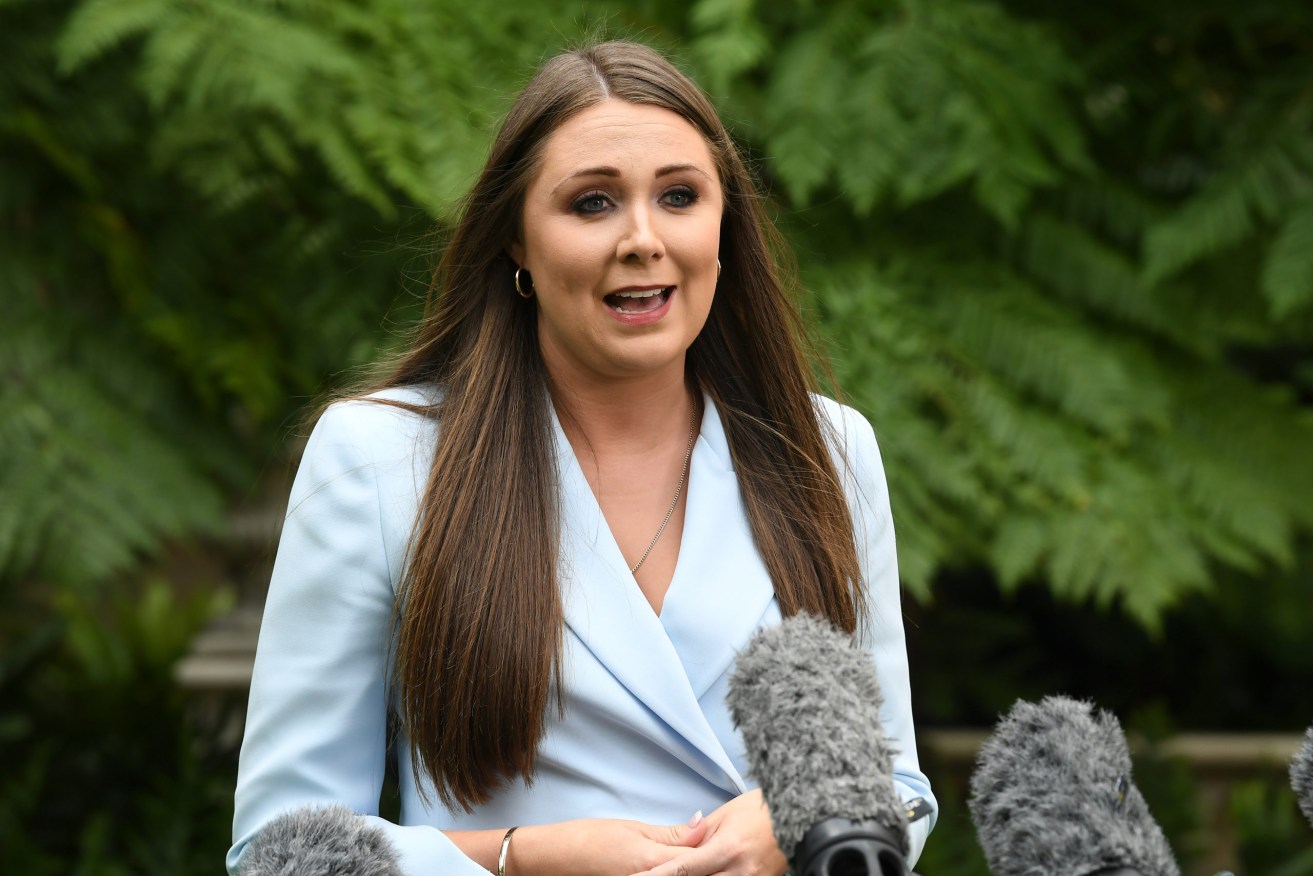 Meaghan Scanlon MP speaks to media following the first Labor cacus meeting since the State election at Parliament House in Brisbane, Tuesday, November 10, 2020.  (AAP Image/Dave Hunt)