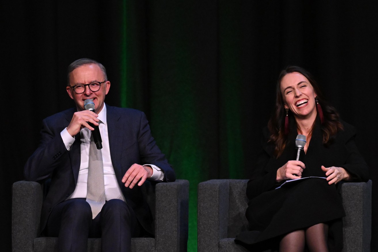 New Zealand Prime Minister Jacinda Ardern and Australian Prime Minister Anthony Albanese take part in a Q and A at the Australia-New Zealand Leadership Forum (ANZLF) Dinner in Sydney, Thursday, July 7, 2022. (AAP Image/Dean Lewins) NO ARCHIVING