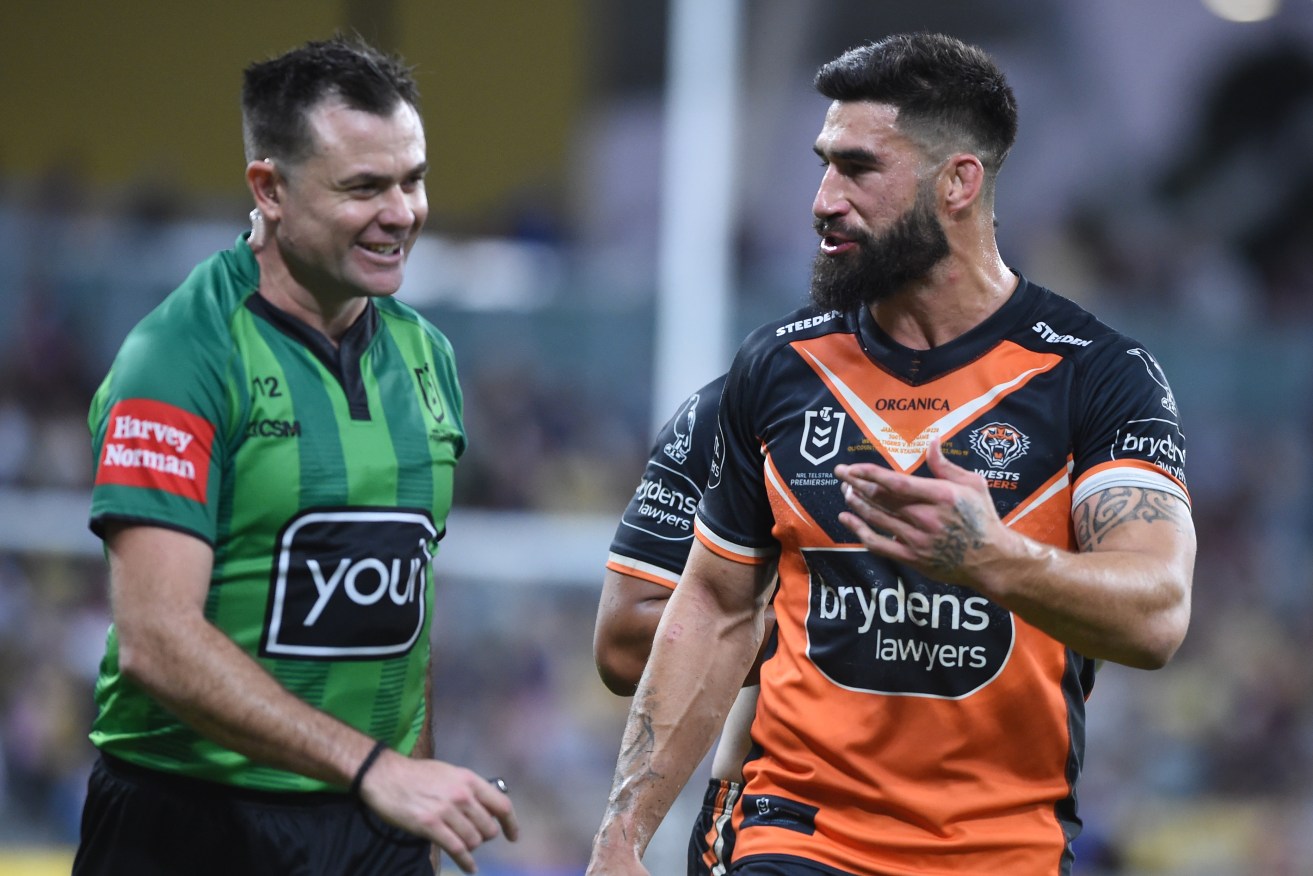James Tamou of the Tigers questions a decision during the NRL Round 19 match between the North Queensland Cowboys and the Wests Tigers at Queensland Country Bank Stadium in Townsville, Sunday, July 24, 2022. (AAP Image/Scott Radford-Chisholm) NO ARCHIVING, EDITORIAL USE ONLY